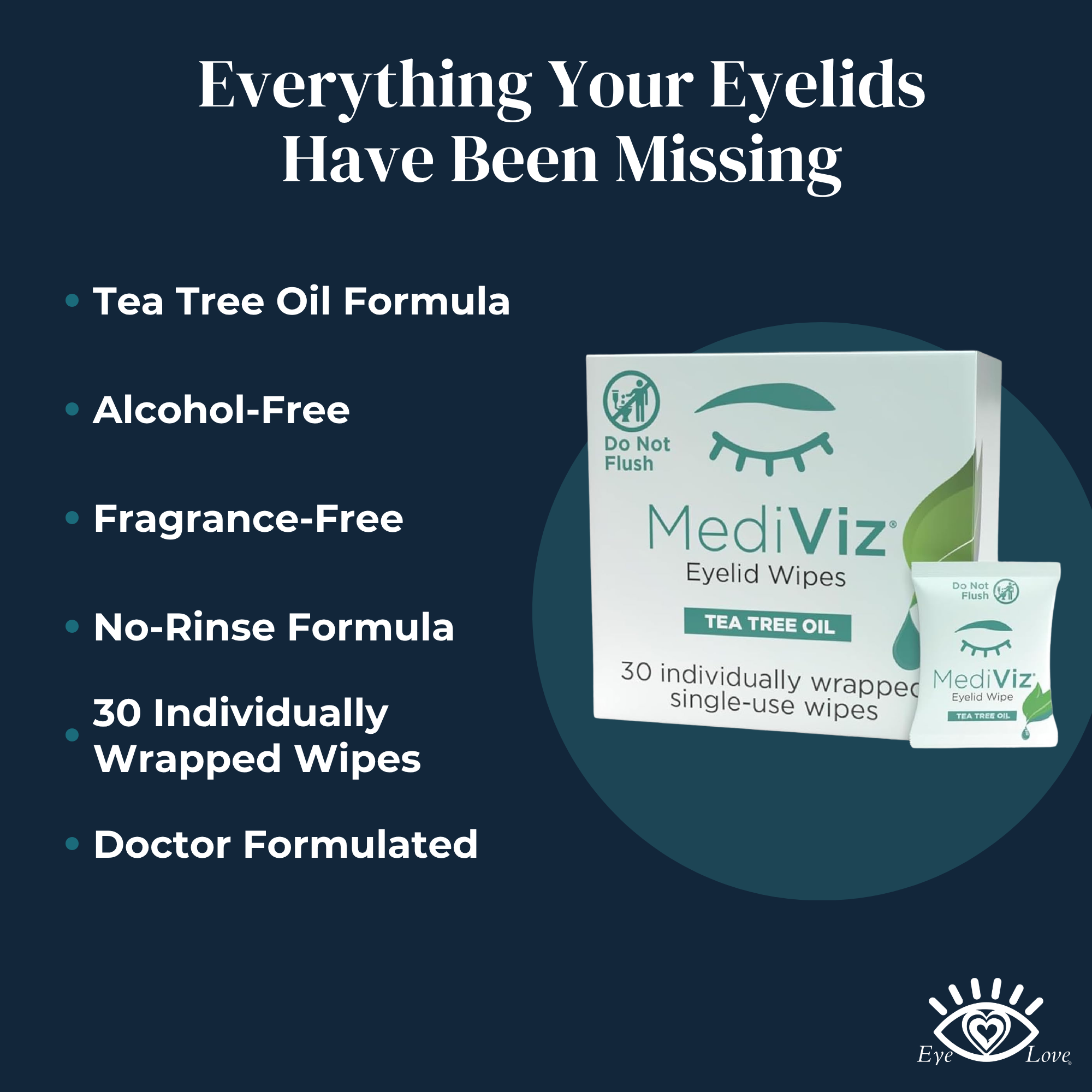 Eye Love MediViz Tea Tree Eyelid Wipes - 30 Eyelash & Eyelid Scrub Towelettes